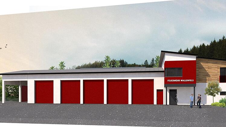 Das neue Feuerwehrhaus der Stadt Wallenfels wird in der Bahnhofstraße ("Woller"-Gelände) errichtet und soll aussehen wie auf dem Bild des Planers.  Entwurf: Architekturbüro Schöttner