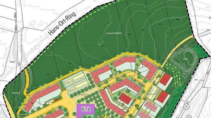 So sieht das städtebauliche Konzept für das neue Wohngebiet "In der Reuth " aus. Eine Kita, zwei Parkhäuser und viel Grün sind prägende Elemente, ebenso die Bebauung mit größeren Einheiten im Geschosswohnungsbau. Bis zu 850 Menschen sollen dort leben können.  Grafik: Stadt Herzogenaurach