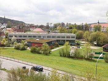 Auf der kreiseigenen Grünfläche zwischen Coburger Straße (Vordergrund) und der Realschule (Hintergrund) soll das neue Hallenbad gebaut werden. Archivbild: Michael Will