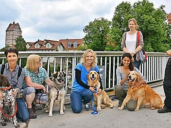 Zur praktischen Prüfung in Bad Neustadt gehörte auch das Gehen auf der schwankenden Falaiser Brücke. Unser Bild zeigt (von links) Ines Klör mit Lotte, Martina Sturm mit Rana, Inga Hoffmann mit Emma, Christine Maier-Fuersich mit Simba, Prüferin Sina Engel und Hundetrainer Andreas Pfister.  Foto: Hanns Friedrich