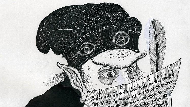 Succubius Eißpin, Zeichnung mit Skizze aus "Der Schrecksenmeister", Leihgabe Walter Moers"Nun der Vertrag", sagte Eißpin, und er zog aus einem Papierstoß ein Pergament hervor, das mit alchimistischen Zeichen bedeckt war. Er nahm Feder und Tinte und begann unter Kratzgeräuschen auf der freien Rückseite zu krakeln. ... Der Schrecksenmeister murmelte bei der Niederschrift der Klauseln so wonnevoll vor sich hin und seine Augen funkelten derart vor schamloser Bosheit, dass es wohl kaum zum Vorteil...
