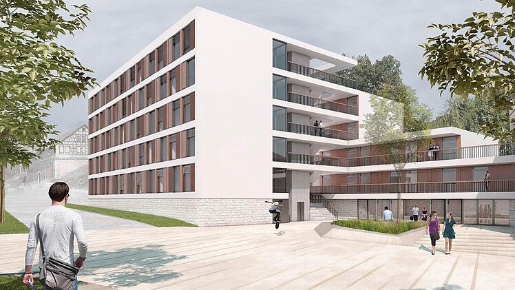 Die Simulation zeigt die Perspektive vom Hofbrauhaus aus: Das Studentenwohnheim schließt direkt an die frühere Braumeistervilla an.  Repro: a+p Architekten