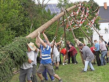 Da war Muskelkraft gefragt: Die Kirchweihburschen aus Heckenhof stellten mit dem Bumbara-Stammtisch am Samstagnachmittag den Kirchweihbaum auf.  Fotos: Georg Wolf