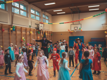 Kinderfaschingsparty in einer Turnhalle