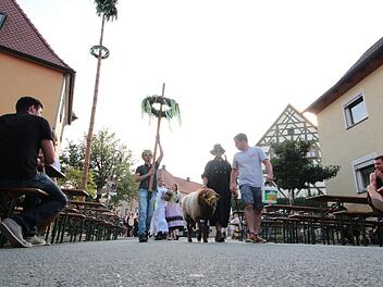 Wer sich mit einem Bier vom Gasthof Dennerschwarz , dem Fachwerkhaus hinten, auf die Bierbänke vorne an der Straße setzten wollte, bekam es mit dem Schankpersonal des Kerwa-Wirtes Sponsel zu tun. Dem "Betz" war's egal: er trottete "pelzig" durch die Festmeile.  Foto: Hofbauer