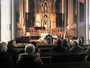Etwa 30 Interessierte waren  Einladung von Kilian Düring und Nicolas Zenzen gefolgt, sich in der Reihe "Oh! wie schön ist Münnerstadt" von Pater Markus die bevorstehenden Renovierungsarbeiten in der Münnerstädter Stadtpfarrkirche näher erläutern zu lassen.  Foto: Kilian Düring