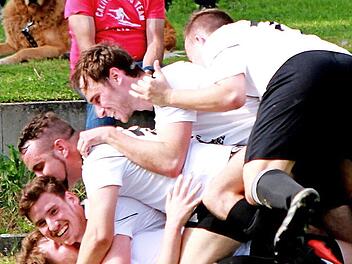 Die Zeller Fußballer nach dem Schlusspfiff am Haßfurter Eichelsee: überglücklich - der Klassenerhalt ist geschafft! Foto: Günther Geiling