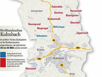 Der Breitbandausbau im Kulmbacher Stadtgebeit ist schon weit fortgeschritten. Es fehlen nur noch die kleinsten und abgelegensten Ortsteile.