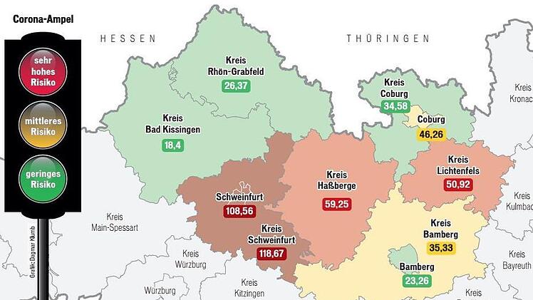 Während die Kreise Haßberge und Lichtenfels auf "Rot" stehen, leuchtet es in Schweinfurt Stadt und Land bereits dunkelrot. Quelle: LGL