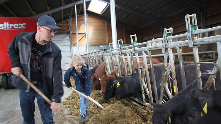 Alisa Greim hilft ihrem Papa Michael beim Füttern der knapp 400 Angus-Rinder auf dem Demeter-Biohof in Marktschorgast.Jochen Nützel
