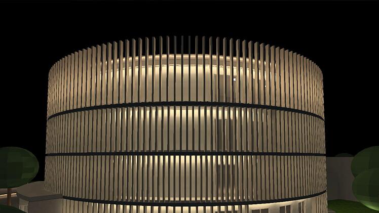 So stimmungsvoll soll sich das Globe am Abend präsentieren. Das Lichtkonzept umfasst außer dem eigentlichen Rundbau auch das gesamte Umfeld sowie die geplante Treppenanlage zur Itz.Entwurf: Flashaar Ingenieure