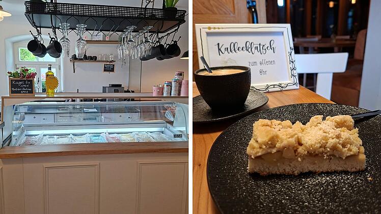 Ein modernes Caf&eacute; mit Eistheke und gem&uuml;tlicher Atmosph&auml;re. Auf einem Tisch stehen Kaffee und Kuchen, daneben ein Schild mit der Aufschrift "Kaffeeklatsch zum offenen Ohr".