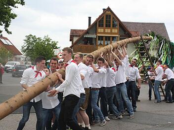24 Meter Baum waren für die Ortsburschen vom Heimatverein bei der Etzelskirchener Kerwa kein Problem.  Fotos: Sonja Werner