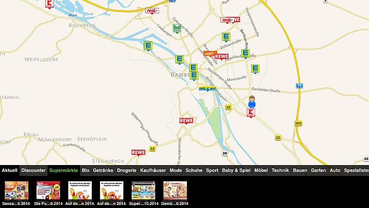 Apps wie kaufDA oder MeinProspekt helfen, unterwegs den nächstgelegenen Supermarkt oder Discounter zu finden. Screenshots: Redaktion