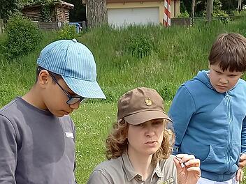 Amelie N&ouml;th vom Biosph&auml;renzentrum Rh&ouml;n beim Erkunden der Wiese.