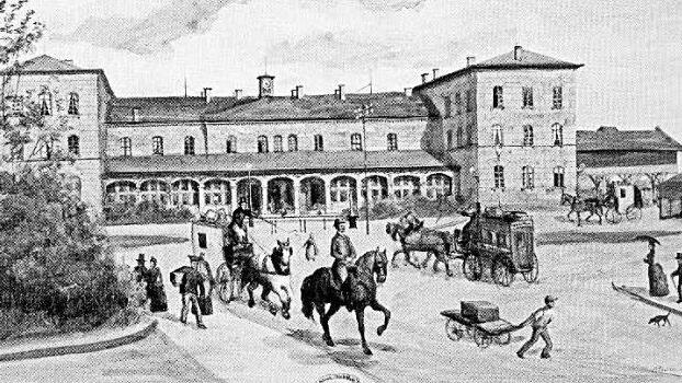 Der  Bahnhof nach  1858 auf einem Aquarell von Heinrich Ruhland  Foto: Bayerisches Landesamt für Denkmalpflege