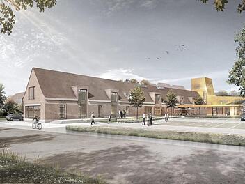 So soll das Digitale Gründerzentrum "Lagarde 1" an der Ecke Berliner Ring/Zollnerstraße nach Fertigstellung Ende 2019 aussehen. Illustration: Stadt Bamberg