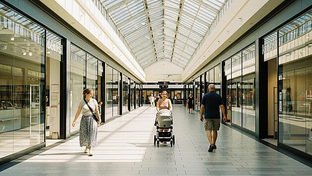 Szene in einem Einkaufszentrum in Deutschland an einem Sommertag.