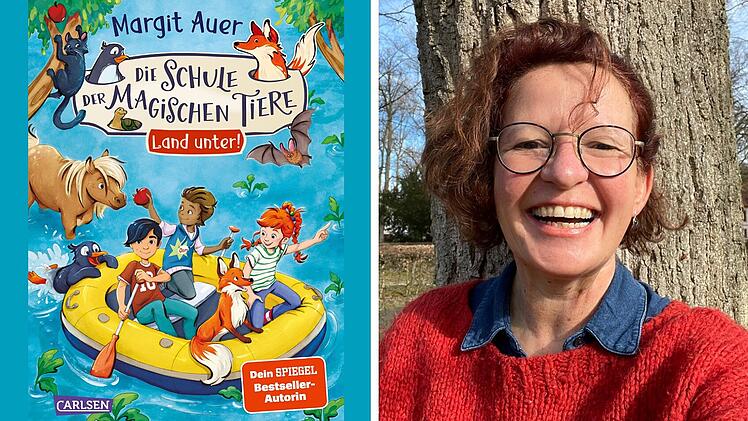 Ein fr&ouml;hliches Cover von "Die Schule der magischen Tiere: Land unter!" und daneben eine l&auml;chelnde Frau vor einem Baum.