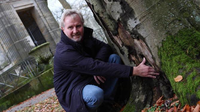 Die Buche am Mausoleum hat einen tiefen Riss, in den locker eine Hand hineinpasst. Ledermanns Diagnose: Akute Fäulnis im Wurzelbereich. Foto: Katja Nauer