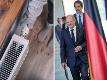 Bundeskanzler Olaf Scholz (SPD) kommt mit Regierungssprecher Steffen Hebestreit (r) zum Pressestatement zur Gasumlage. Die Bundesregierung will für einen befristeten Zeitraum einen niedrigeren Mehrwertsteuersatz auf Erdgas verlangen.