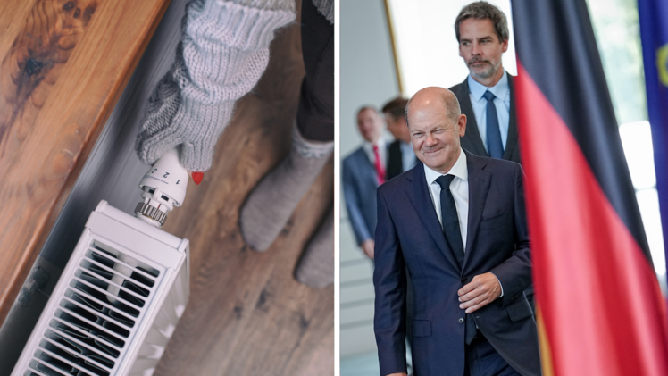 Bundeskanzler Olaf Scholz (SPD) kommt mit Regierungssprecher Steffen Hebestreit (r) zum Pressestatement zur Gasumlage. Die Bundesregierung will für einen befristeten Zeitraum einen niedrigeren Mehrwertsteuersatz auf Erdgas verlangen.