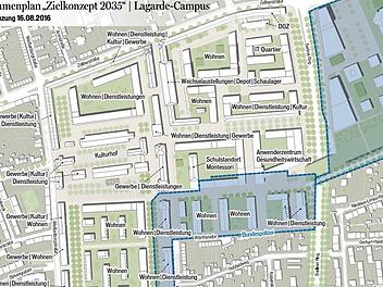 Die blau unterlegte Fläche unten im Bild zeigt den Teil der ehemaligen Lagarde-Kaserne, den die Bundespolizei westlich des Berliner Rings beansprucht. Grafik: Stadt Bamberg
