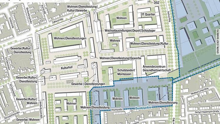 Die blau unterlegte Fläche unten im Bild zeigt den Teil der ehemaligen Lagarde-Kaserne, den die Bundespolizei westlich des Berliner Rings beansprucht. Grafik: Stadt Bamberg