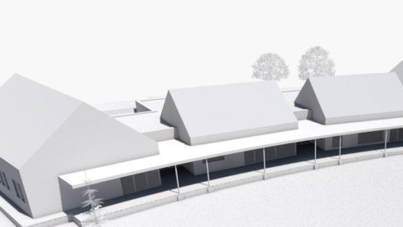 Der Vorentwurf zum Kindergartenneubau in Motten von Architekt Rudolf Röbig soll ich in die Wohngegend einfügen. Das Gebäude auf der rechten Seite liegt direkt an der Dalherdaer Straße.  Foto:  Architekturbüro Röbig