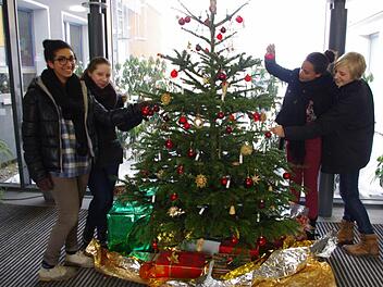 Farrah und Anna sowie Zélie und Anika (von links) schmücken den großen Weihnachtsbaum im Eingangsbereich des Kaspar-Zeuß-Gymnasiums. Foto: Heike Schülein