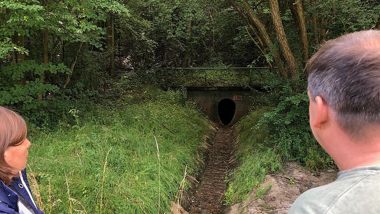 Bundestagsabgeordnete Manuela Rottmann (links), rechts Marktgemeinderat Volker Partsch am Oberlauf des Deißelbachs an einem der Entwässerungskanäle der BAB7. Foto: Fabian Hamák