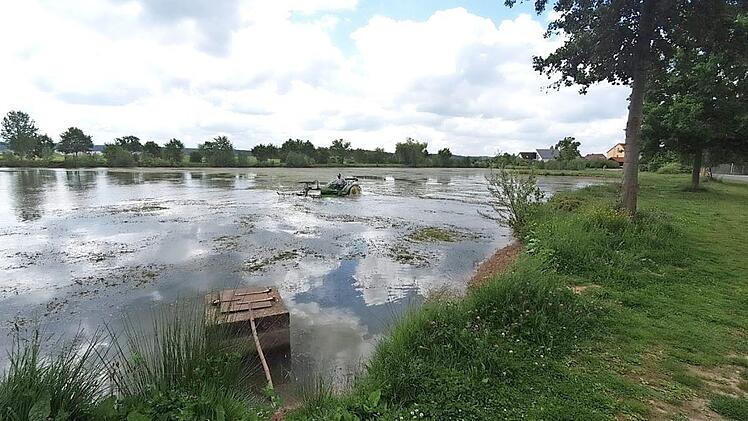 Der Eisweiher wurde mit dem Mähboot zumindest zur Hälfte vom Laichkraut befreit.  Foto: privat
