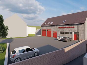 Diese Animation zeigt die Vorderseite des geplanten Feuerwehrhauses von Steinach mit Pkw-Parkplatz.  Animation: Architekturbüro Richter