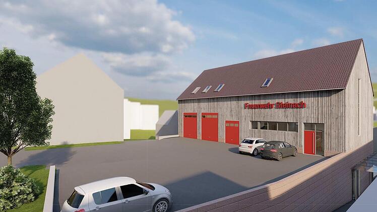 Diese Animation zeigt die Vorderseite des geplanten Feuerwehrhauses von Steinach mit Pkw-Parkplatz.  Animation: Architekturbüro Richter