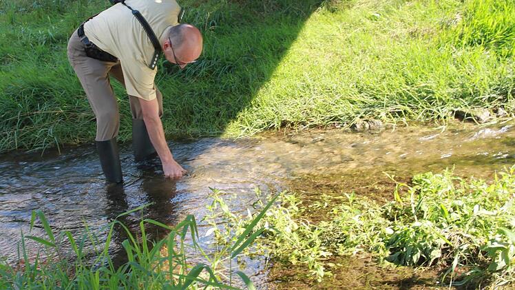 Polizeiliche Ermittlungen in Gummistiefeln: Gerald Storath sichert Wasserproben an mehreren Stellen der Lauter. Foto: Matthias Einwag
