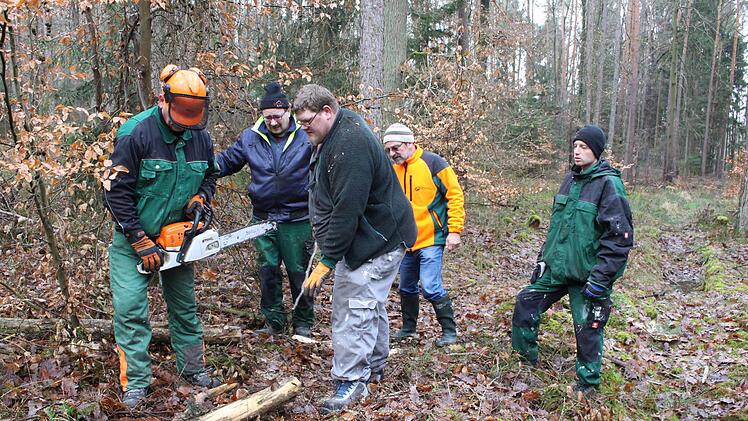 Bei der Arbeit (Zweiter v. r.)  Förster Wolfgang Göbel, Revierleiter aus Zentbechhofen mit den Jungs von der WAB-Kosbach.