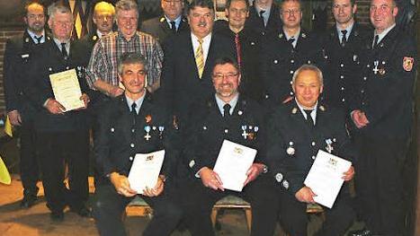 Nicht weniger als zehn hochkar&auml;tige Ehrungen standen bei der Jahreshauptversammlung der Feuerwehr Zaubach an. Unser Bild zeigt (sitzend von links) Siegmund Kremer, Leonhard Will und Albert Korzendorfer (alle 40 Jahre aktiv) sowie (stehend von links) Kreisbrandmeister Alexander Reinsch, Ehrenmitglied Georg Spindler, Kreisbrandinspektor Horst Tempel, Ehrenmitglied Hans Spindler, Kreisbrandrat Stefan H&auml;rtlein, Landrat Klaus Peter S&ouml;llner, B&uuml;rgermeister Roland Wolfrum, Dieter Spindler (25 Jahre a...