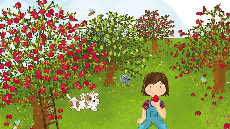 Gäbe es die Bienen nicht, könnten wir keine Äpfel ernten und essen. Illustration: Birgit Six