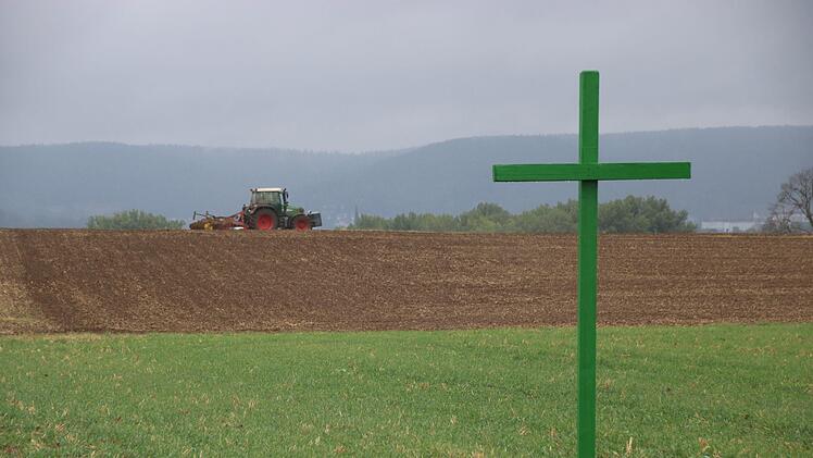 Solche grünen Kreuze wie hier auf einem Acker bei Katschenreuth wollen Landwirte als stillen Protest gegen immer stärkere Einflussnahme in ihre Arbeit verstanden wissen.Jochen Nützel