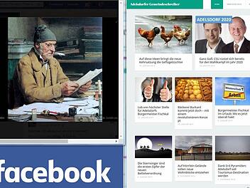 Die Webseite des "Adelsdorfer Gemeindeschreibers" (r.) liefert einen satirischen Blick auf lokale Themen. Auch auf Facebook ist Autor Martin Jungfer mit spitzer Feder und Biedermeier-Profilbild (l.) unterwegs.  Screenshots: Christian Bauriedel
