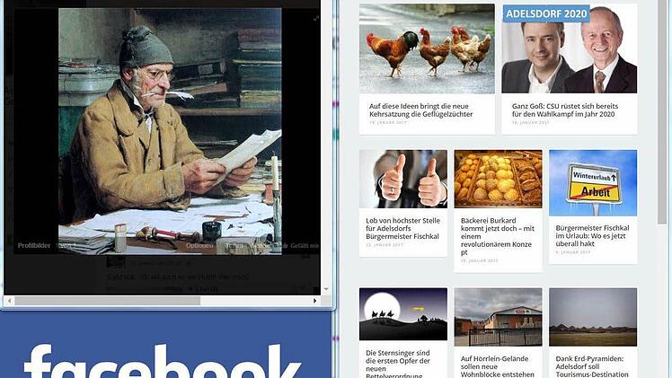 Die Webseite des "Adelsdorfer Gemeindeschreibers" (r.) liefert einen satirischen Blick auf lokale Themen. Auch auf Facebook ist Autor Martin Jungfer mit spitzer Feder und Biedermeier-Profilbild (l.) unterwegs.  Screenshots: Christian Bauriedel