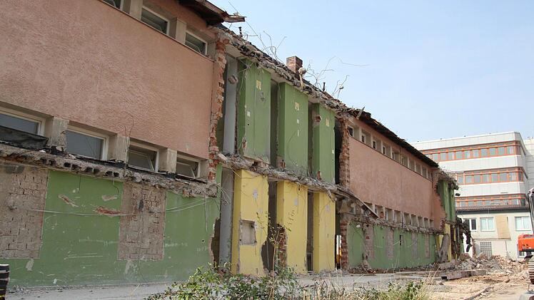Der Abriss der alten Grundschule in der Kerschensteinerstraße in Höchstadt ist eine staubige Angelegenheit. Nachdem das Gebäude verschwunden ist, soll hier eine neue Doppelturnhalle zwischen Ritter-von-Spix-Mittelschule und Gymnasium entstehen. Foto: Christian Bauriedel