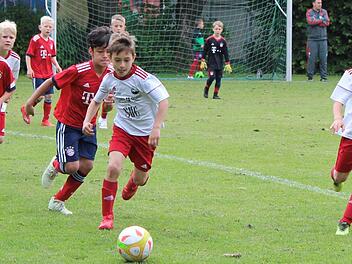 Beim den Leistungsvergleichen zeigen die Vestekicker-U10 regelmäßig tolle Leistungen. So wie hier im Spiel gegen den FC Bayern München (2:2). mit Ben Sesselmann aus Steinberg (hinten links), Paul Lambert (vorne links) und Jannik Stengel aus Au (rechts).  Foto: Archiv
