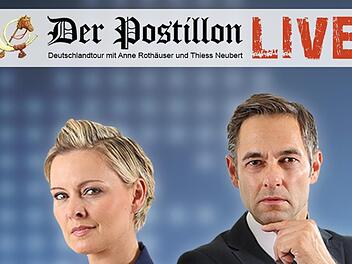 Durch das Programm führen Anne Rothäuser und Thieß Neubert, die Originalsprecher der Postillon-Video- und Radionachrichten. Foto: Salon Kultur/pr
