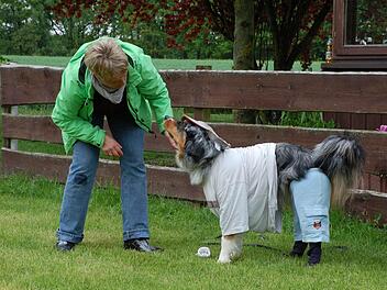 Anja Reißenweber hat es geschafft, ihre Hündin Lucie "einzukleiden". Foto: Rainer Lutz
