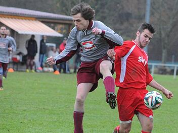 Abfangjäger: Julian Wolf (rechts) vom TSV Münnerstadt hält den Eltingshäuser Andreas Röder (links) vom Spielgerät fern. Foto: Hopf