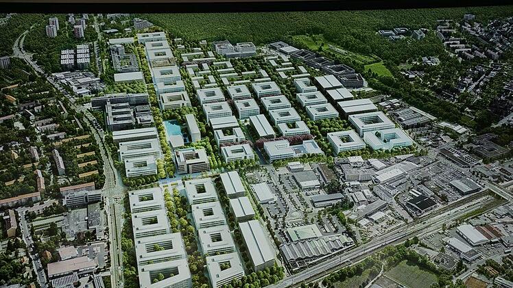 So wird der künftige Siemens-Campus aussehen. Neben der Wasserfläche entsteht ein repräsentatives Empfangsgebäude auf dem offenen Campus.   Foto: Pascale Ferry