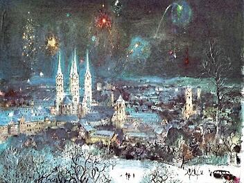 Bamberg in der Silvesternacht: So sah der bis 1983 in Scheßlitz lebende österreichische Zeichner, Illustrator und Maler Hans Liska die Domstadt.  Quelle: Hans Liska/Veste-Verlag Roßteutscher