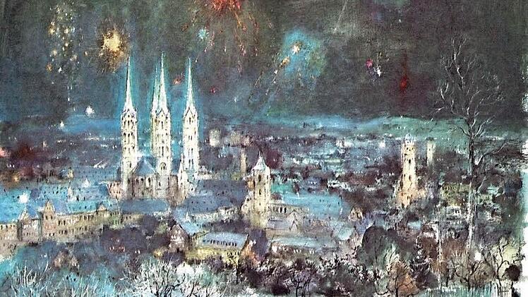Bamberg in der Silvesternacht: So sah der bis 1983 in Scheßlitz lebende österreichische Zeichner, Illustrator und Maler Hans Liska die Domstadt.  Quelle: Hans Liska/Veste-Verlag Roßteutscher