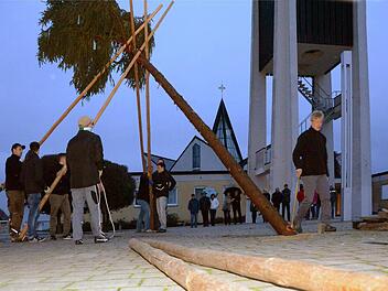 Die mit bunten Bändern geschmückte Fichte wurde neben dem Rathaus in Oerlenbach aufgestellt. Foto: Peter Rauch